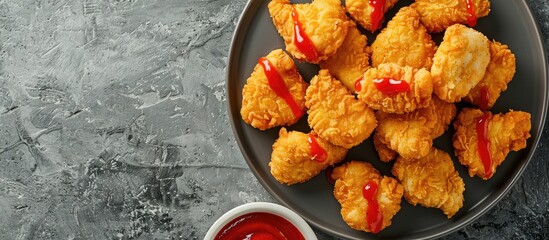Poster - Golden homemade chicken nuggets arranged on a black plate with vibrant ketchup drizzled on top against a textured gray background ideal for food ads