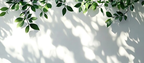 Fototapete - Green leaves casting delicate shadows on a soft white wall creating a serene and tranquil atmosphere, perfect for nature-themed visuals.