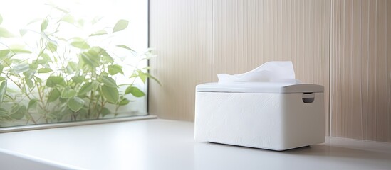 Poster - Modern white tissue box on a minimalist bathroom countertop beside a window, with greenery visible outside, soft natural light illuminating the scene.