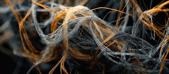 Poster - Entangled threads in shades of orange, gray, and black create a complex, twisted arrangement showcasing intricate details and confusion.