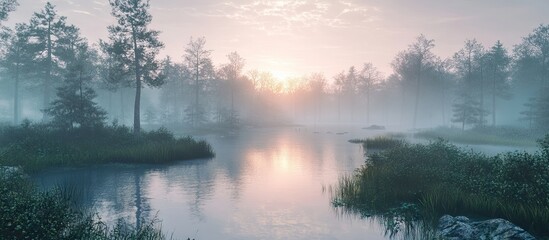 Fototapete - Serene misty forest at sunrise with soft light reflecting on calm water, surrounded by green foliage and gentle pastel sky colors.