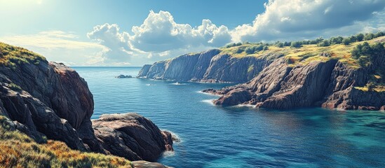 Poster - Rugged northeast coastline showcasing steep cliffs with green vegetation under a bright blue sky and crystal clear waters on a sunny summer day