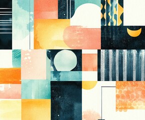 Poster - Geometric Abstraction: A vibrant composition of geometric shapes and forms with a watercolor texture, exuding a sense of modern artistry and playful design.