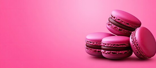 Poster - Vibrant magenta macarons stacked creatively on right side of a soft pink background creating ample negative space for text integration.