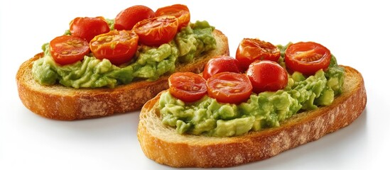 Poster - Avocado toast with ripe cherry tomatoes on golden toasted bread arranged on a modern white surface showcasing a vibrant and healthy meal.