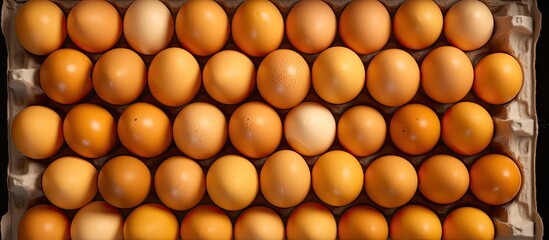 Poster - Arrangement of dozens of brown eggs in a carton with one white egg in center, flat lay view highlighting earthy tones and organized pattern.