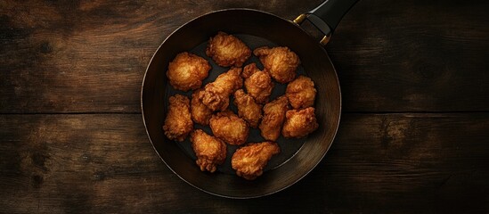 Poster - Golden brown crispy fried chicken pieces arranged in a black pan on a dark wooden surface showcasing their appetizing texture and golden hue.