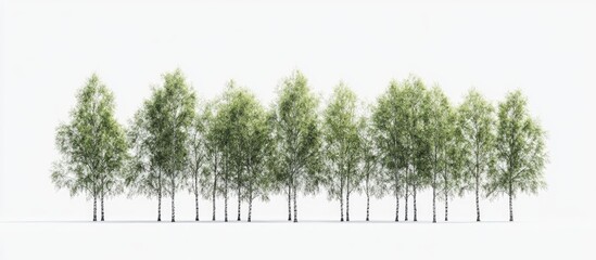 Fototapete - Line of vibrant green trees with slender trunks, arranged symmetrically against a clean white background, creating a serene, minimalist scene.