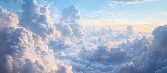 Poster - Vibrant fluffy clouds in a bright sky with shades of blue and soft white at the center and golden hues on the horizon, creating a serene atmosphere.