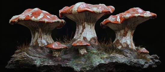 Poster - Vibrant red mushrooms with white caps clustered on a mossy base against a stark black background, showcasing natural textures and details.