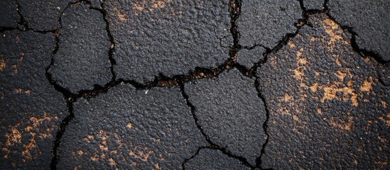 Aufkleber - Cracked black asphalt surface with rough texture and subtle orange highlights forming unique patterns and deep crevices throughout the image.