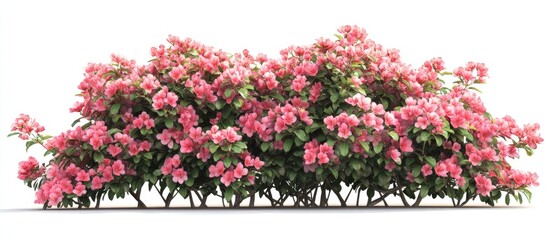 Poster - Pink flowering shrub with lush green leaves, densely clustered at the base, isolated on a white background, ideal for tropical garden design.