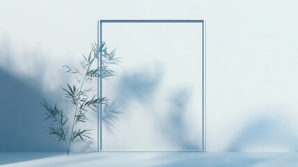Poster - Serene Composition: A minimalist scene featuring a bamboo plant next to a square frame, all bathed in soft, cool lighting, casting delicate shadows on a clean surface, evokes tranquility and calm