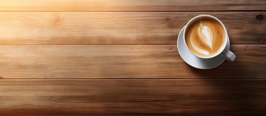 Aufkleber - Aerial view of a white coffee cup filled with latte art on a rustic wooden table illuminated by warm sunlight with subtle shadows for copy space