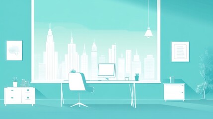 Poster - Modern Office with City View, minimalist workspace, digital design