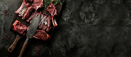 Aufkleber - Fresh raw meat cuts arranged on a dark textured background with herbs and a vintage butcher knife on the left side for a rustic feel