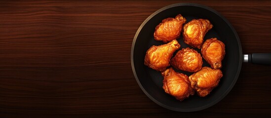 Poster - Golden brown crispy fried chicken pieces in a black pan on a dark wooden surface with a top view capturing their appetizing texture and arrangement.