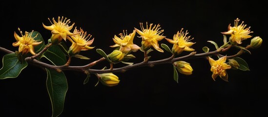 Poster - Yellow flowers in full bloom on a dark background with vibrant green leaves, elegantly arranged in a horizontal line showcasing natural beauty.