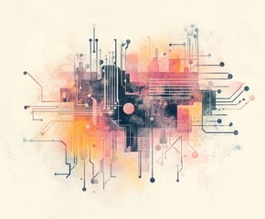 Poster - Abstract Electronic Circuitry: Artistic representation of a digital circuit board, with colorful paint strokes and interconnecting lines, symbolizing technology's intricate network.