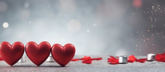 Poster - Valentine's Day backdrop featuring three sparkling red hearts on a shimmering silver glitter background with ample left copy space for text or elements.