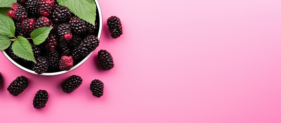 Poster - Top view of a ceramic bowl filled with blackberries and mint leaves on a soft pink background with space for text on the right side