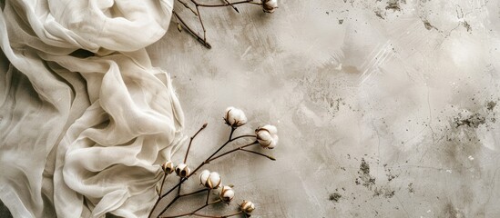 Poster - Cotton fabric drapes elegantly on a textured concrete surface with delicate cotton branches on the left creating a soft neutral copy space.