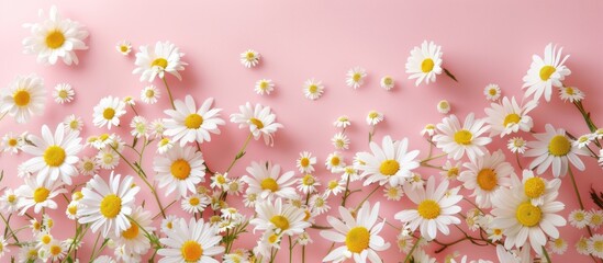 Poster - White daisies scattered across a soft pink background with varying sizes creating a dreamy floral pattern for spring or summer themes.
