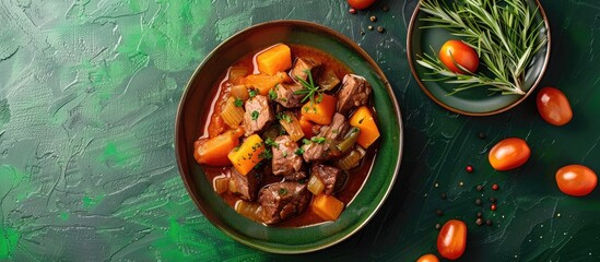 Poster - Delicious homemade beef stew in a green bowl with vegetables on a vibrant green background surrounded by cherry tomatoes and herbs