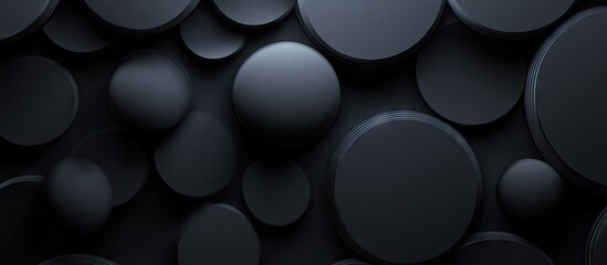Poster - Black textured background featuring various circular shapes in different sizes arranged randomly for a modern and sleek composition.