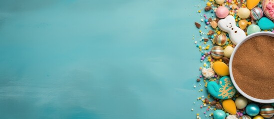Poster - Colorful Easter-themed background featuring decorated eggs, candies, and festive sprinkles on the left, offset by a brown cup of coffee on a turquoise surface.