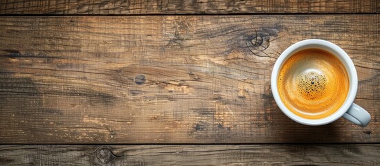 Poster - Delicious coffee cup atop a rustic wooden table, golden brew with frothy crema, positioned centrally with ample copy space on the left.