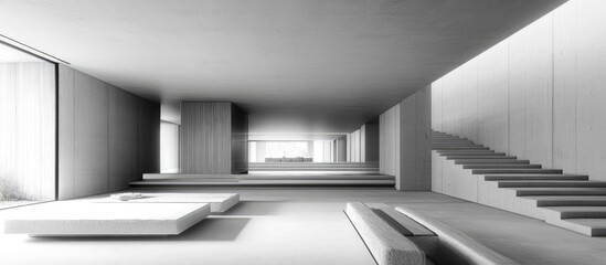 Poster - Modern minimalist interior featuring light gray walls and bold geometric shapes; open space with a staircase on the right side and soft shadows.