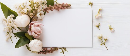 Aufkleber - Elegant flat lay composition featuring a blank white card positioned center-left among delicate pink and white flowers on a light wooden background.