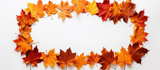 Poster - Autumn maple leaves arranged in an oval shape on a white background with vibrant red and orange hues creating a natural frame for copy space.