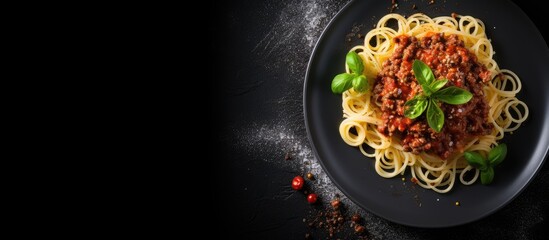 Poster - Spaghetti bolognese on a black plate garnished with fresh basil leaves positioned centrally, surrounded by spices on a dark textured background.