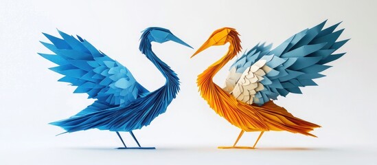 Poster - Colorful origami cranes in blue and yellow positioned symmetrically on a clean white background showcasing intricate paper folding techniques.