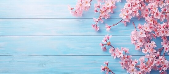 Poster - Blossoming cherry tree twigs with soft pink flowers on a light blue wooden background from above creating a serene spring greeting card frame.
