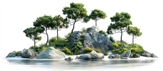 Aufkleber - Lush green trees atop rocky island with white background, showcasing vibrant nature and tranquility ideal for advertising and architectural design.