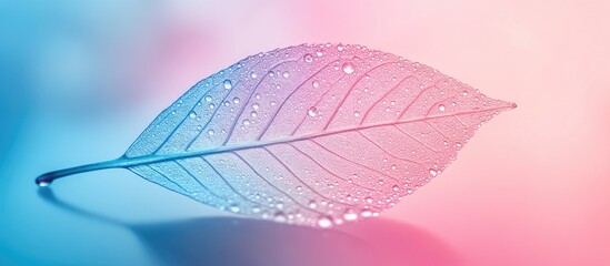 Poster - Delicate translucent leaf with water droplets resting on it, set against a soft gradient background of pink and blue hues, creating a serene atmosphere.