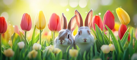 Aufkleber - Bunnies peeking from colorful tulips with vibrant reds, yellows, and whites, set against a blurred lush green background, capturing spring joy.