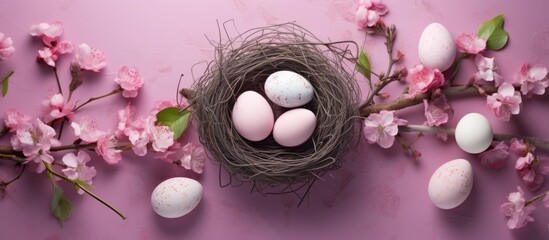 Poster - Flat lay of pastel painted eggs in a dark nest surrounded by soft pink floral branches on a light pink background with ample copy space