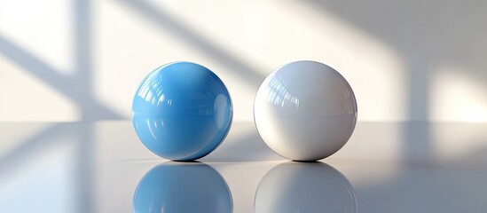 Leinwandbilder - Two glossy spheres one blue on the left and one white on the right resting on a reflective glass table with soft shadows in the background