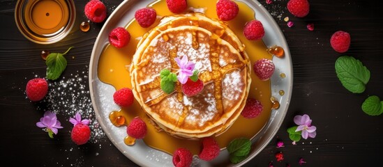 Poster - Stack of fluffy pancakes drizzled with syrup on a gray plate garnished with raspberries mint leaves and edible flowers on a dark wooden table.