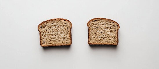 Poster - Two slices of brown bread positioned side by side on a plain white background, highlighting their texture and simplicity in a minimalist style.
