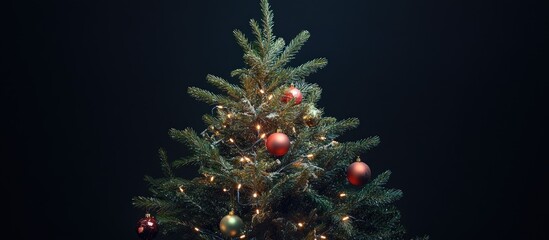 Poster - Christmas pine tree adorned with red and gold ornaments, glowing lights on dark backdrop, close-up view, ample copy space for holiday text.