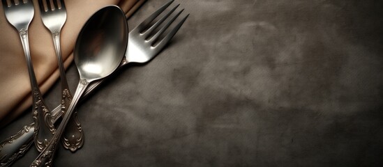 Poster - Elegant dining utensils arranged on a textured dark surface with a beige cloth on the left side creating ample copy space for text.
