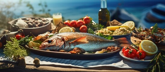 Aufkleber - Freshly caught fish elegantly arranged on a rustic platter surrounded by vibrant cherry tomatoes, lemon slices, and olives against a tranquil seaside backdrop.