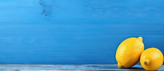 Poster - Lemon fruits on a vibrant blue wooden background with ample copy space showcasing the yellow and blue color contrast for design use.