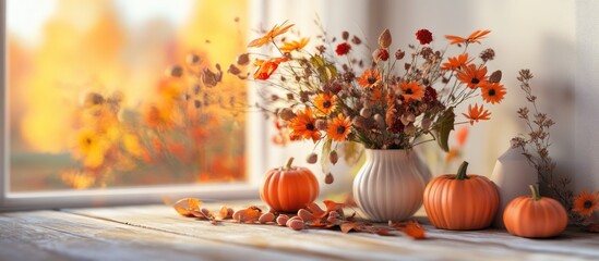 Poster - Autumnal still life with warm orange flowers and pumpkins arranged in a light room setting with a soft blurred background of fall foliage.