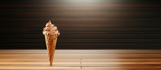 Aufkleber - Delicious ice cream cone on a wooden table with warm brown background space for text on the left side creating a cozy inviting atmosphere
